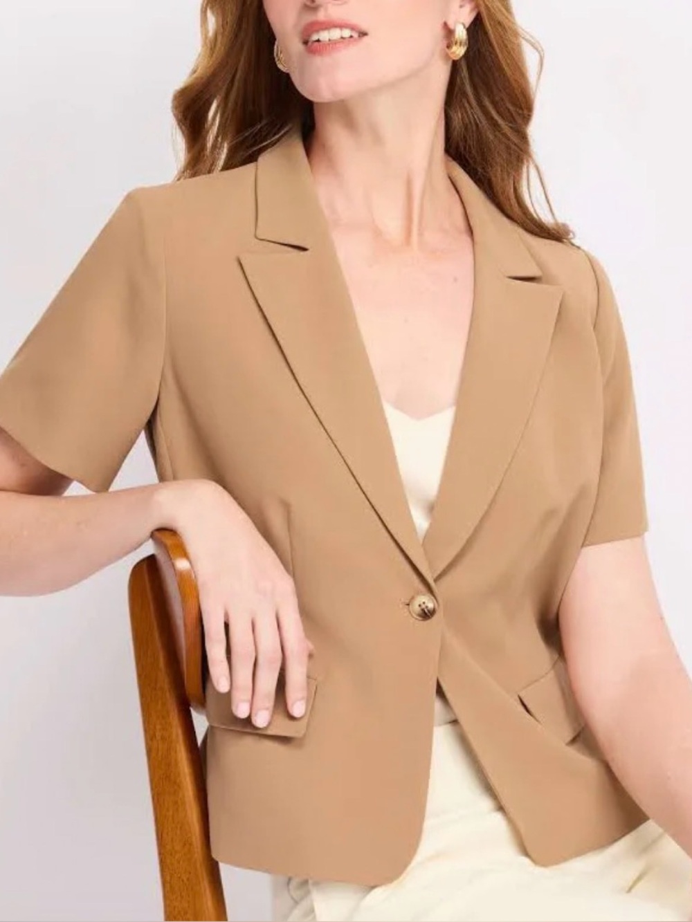 Montgomery Post Margo Women's Tan Short Sleeve Blazer Pockets Button Size S NWT